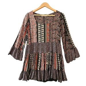 Easel Babydoll Patchwork Tiered Boho Long Sleeve Lined Top Size S Brown Festival